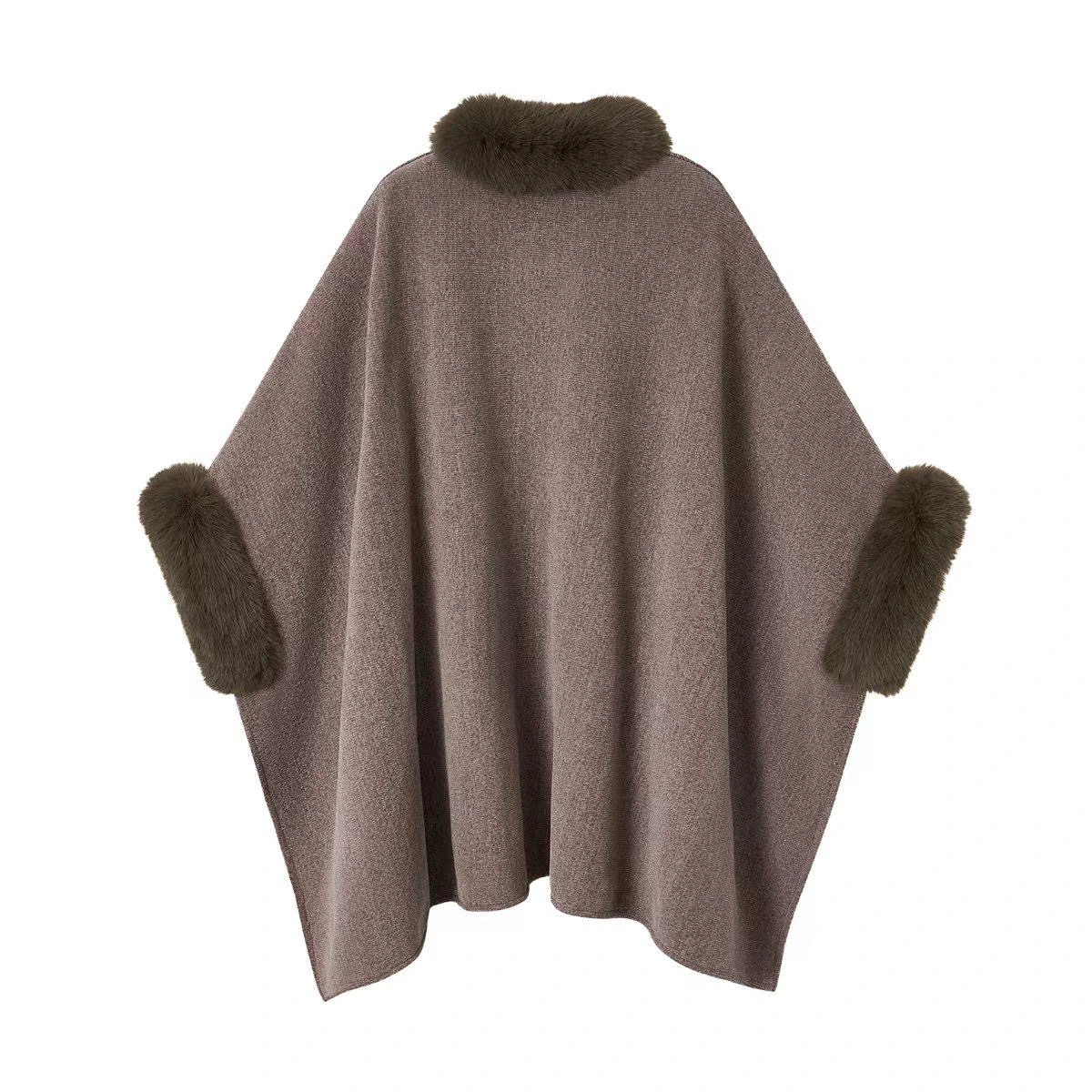 Faux Fur Trim Pom Pom Cape Wrap